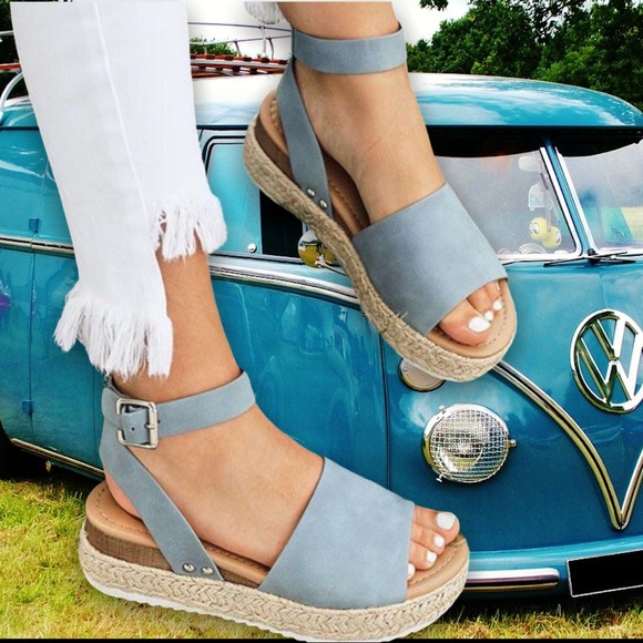 Last Size 6.5 Soda Topic Denim Blue Chunky Platform Espadrille Heel Sandal - Picture 6 of 8